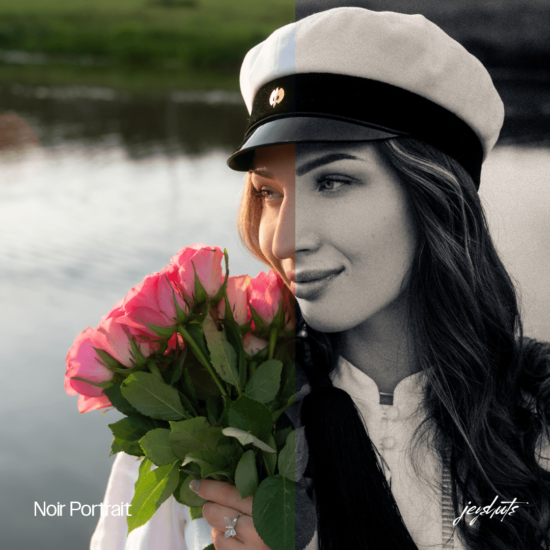Ylioppilas valkolakissa ruusukimpun kanssa – Noir Portrait, ennen–jälkeen-vertailu.