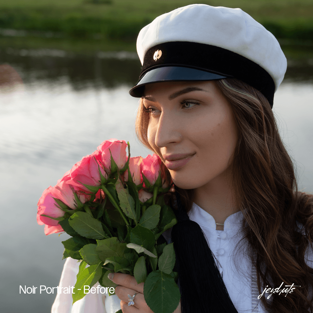 Ylioppilas valkolakissa ruusukimpun kanssa – Noir Portrait, lähtökuva ennen presettiä.
