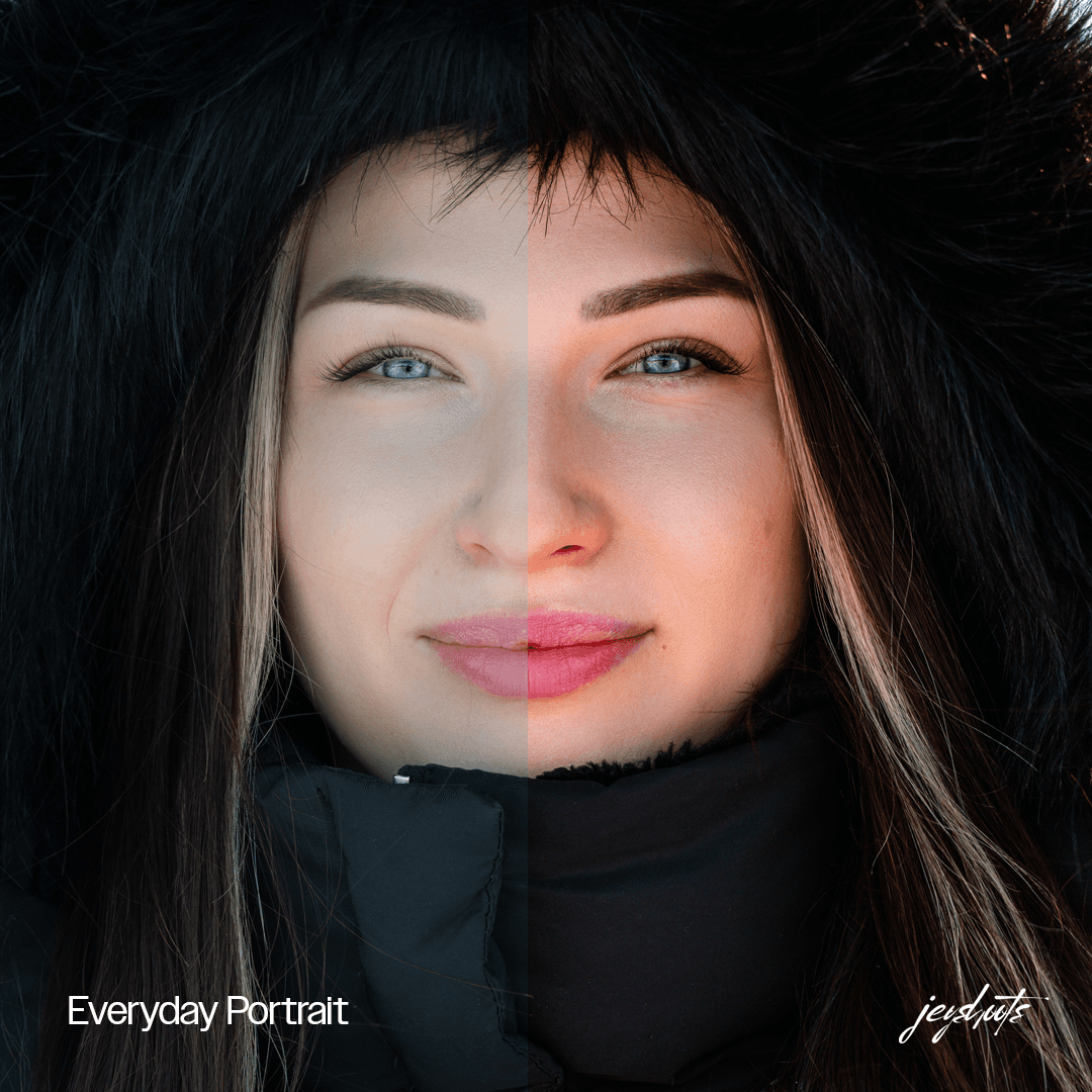 Naisen lähimuotokuva mustassa talvihupussa – Everyday Portrait, ennen–jälkeen-vertailu.