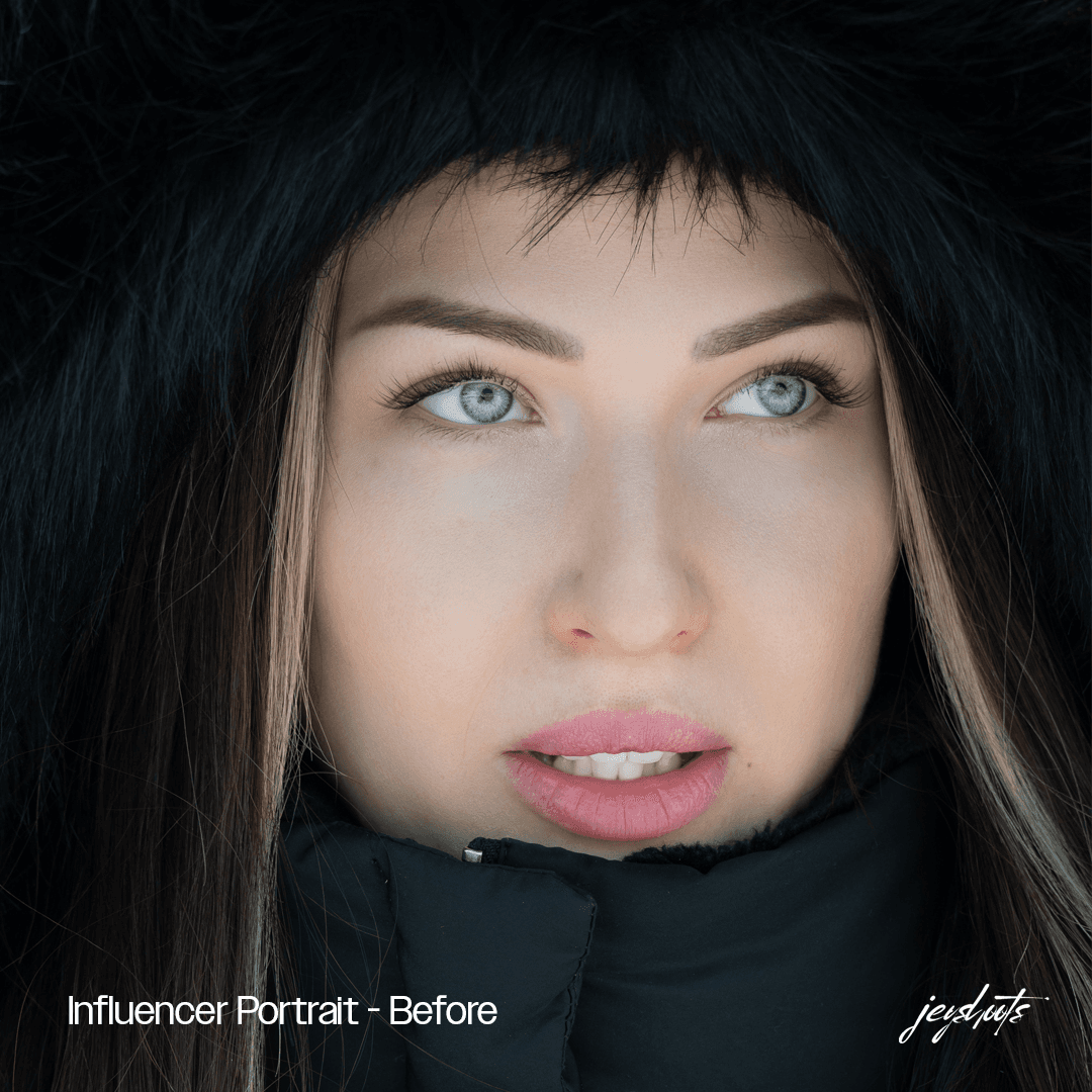 Naisen muotokuva mustassa hupussa – Influencer Portrait, lähtökuva ennen presettiä.