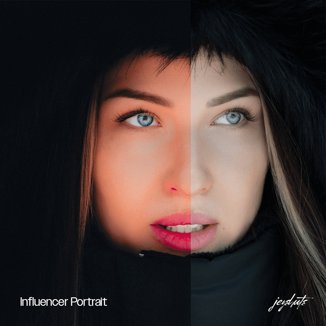 Naisen muotokuva mustassa hupussa – Influencer Portrait, ennen–jälkeen-vertailu.